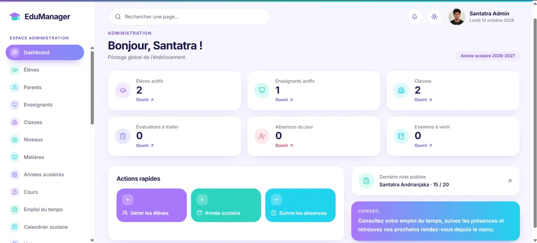 Capture d'écran du site EduManager